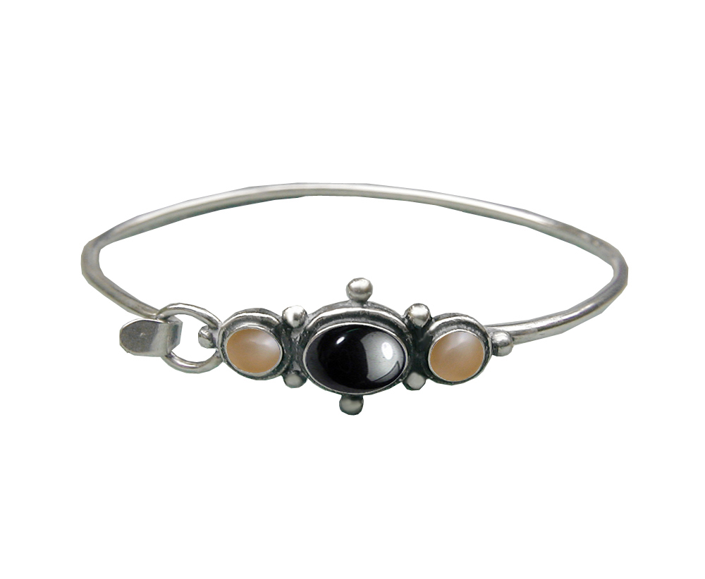 Sterling Silver Strap Latch Spring Hook Bangle Bracelet Hematite And Peach Moonstone